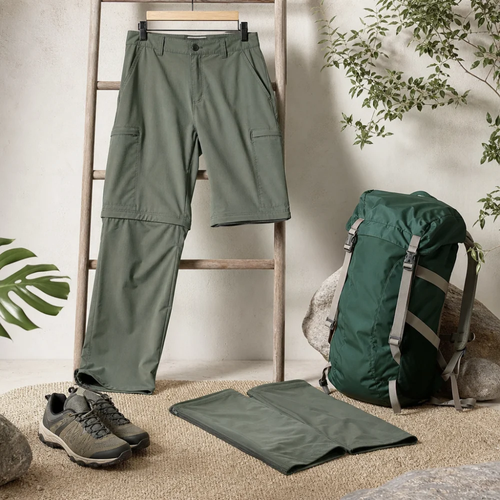 zip off wanderhose neben Rucksack und Wanderschuhen für Reise und Alltag – zip off hose